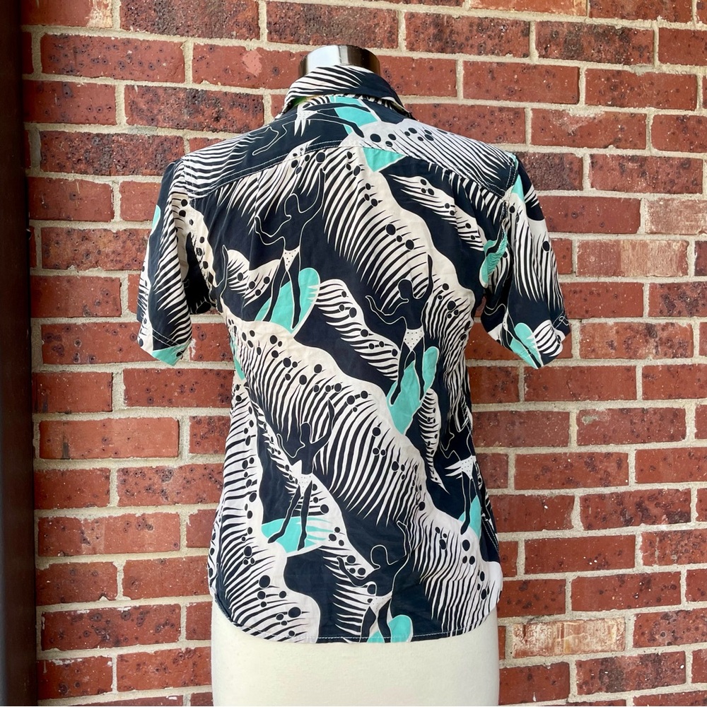 Vintage Avanti 100% Silk Black Cream Aqua Surfer Print Button Up Shirt Small - Picture 5 of 10
